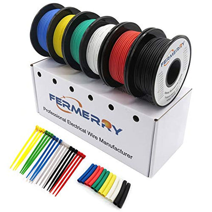 Fermerry 18 AWG Stranded Wire Spool 25ft Each 6 Colors | Flexible 18 Gauge Silicone Hook up Wire Kit Electrical Tinned Copper Wire - size: 25FT, style: 18 AWG-6C