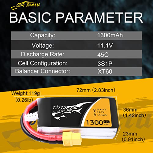 TATTU 3S 11.1V 1300mAh 45C LiPo Battery Pack with XT60 Plug for Eachine Wizard X220 QAV250 QAV180 210 Vortex 285 Mini H FLIP FPV 250S Emax Nighthawk 250 ZMR 250 HOVERSHIP MHQ2 - size: 1 Pcs
