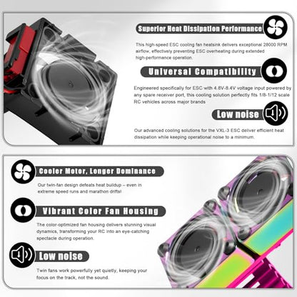VXL-3s ESC Cooling Fan and Motor Cooling Fan 28000 RPM Dual Fan Set for 1/10 Traxxas Slash 4x4 Stampede 4x4 Rustler 4x4 VXL Hoss 4×4 Velineon VXL 3s Heat Sink Replace #3340, Purple & Black - style: SRQ-Purple Black