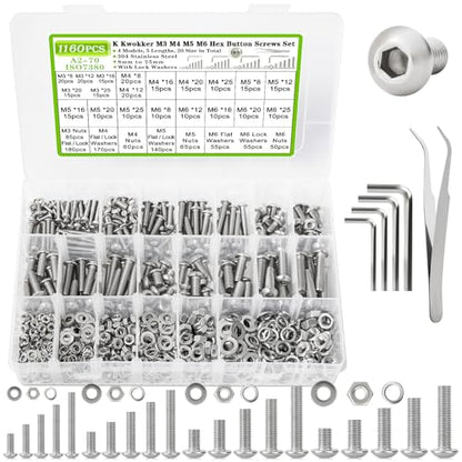 M3 M4 M5 M6 Nuts and Bolts Assortment Kit 20 Size 8MM to 25MM 304 Stainless Steel Hex Button Head Cap Metric Machine Screws, 1160Pcs Silver Bolts and Nuts Kit with Lock Washers for Screws - size: J. M3 M4 M5 M6