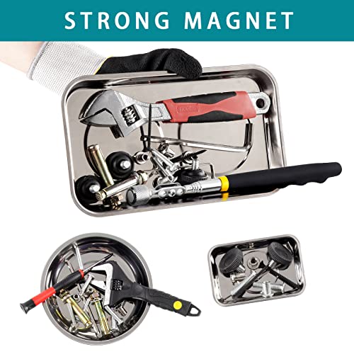 3 Pieces Magnetic Trays with 8LBs Telescoping Magnetic Pick-up Tool Set, 9.5" and 3.7" Rectangle, 6" Round Bowl Stainless Steel Magnet Parts Tray for Screws, Mechanic's - size: 9.5" 3.7" 6"+8LB Pickup