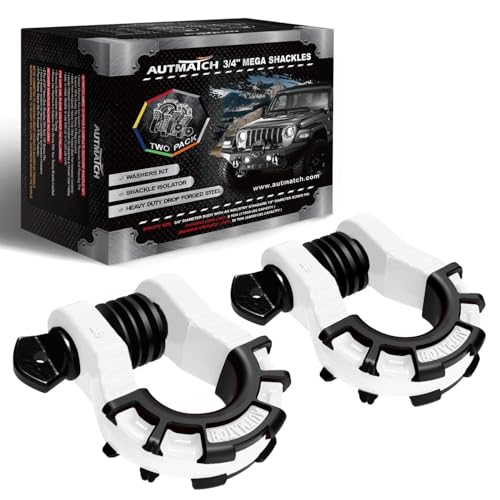 AUTMATCH D Ring Shackles 3/4" Mega Shackle (2 Pack) 68,000Ibs Break Strength - Heavy Duty Clevis Shackles with 7/8" Screw Pin and Isolator Washer for Tow Strap Winch Off Road Vehicle Recovery, White - color: White & Black