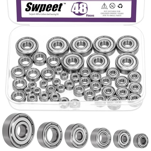Swpeet 48Pcs 6 Sizes 693ZZ, 623ZZ, 624ZZ, 685ZZ, 687ZZ,627ZZ Ball Bearings Assortment Kit, Carbon Steel Deep Groove Bearings, Double Shielded - size: Assortment Kit-48PCS, style: Carbon Steel