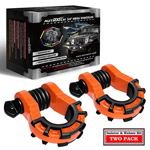AUTMATCH D Ring Shackles 3/4" Mega Shackle (2 Pack) 68,000Ibs Break Strength - Heavy Duty Clevis Shackles with 7/8" Screw Pin and Isolator Washer for Tow Strap Winch Off Road Vehicle Recovery, Orange - color: Orange & Black