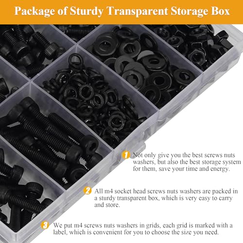 385 Pieces M4 Screws Nuts Washers Set Black, Sutemribor M4 x 5/6/8/10/12/16/20mm Hex Socket Head Cap Screws Nuts Washers Assortment Kit, 12.9 Grade Alloy Steel, Fully Threaded - size: M4, style: Socket Head
