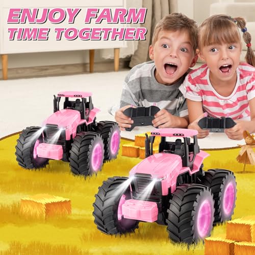 BAYSING Remote Control Monster Tractor Toy, Pink Light Up Monster Truck Toy | LED Lights Toddlers RC Farm Vehicle for 3, 4, 5, 6, 7 years old Boys ＆ Girls Ideal Christmas, Birthday Gifts for Kids - color: Pink