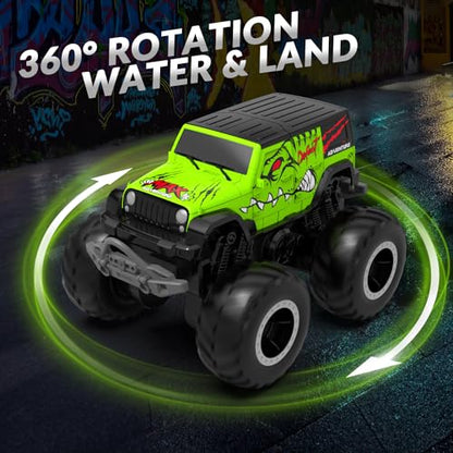 STEMTRON Amphibious Remote Control Car, 1:20 Monster Truck Toys | 2.4 GHz Waterproof RC Trucks, 4WD All Terrain Off-Road Pickup,Remote Control Boat Gifts for Kids Boys Girls - color: Green Suv, size: 1:20 Scale