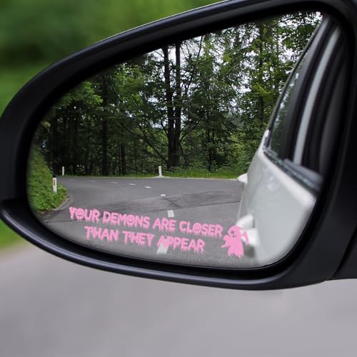 2PCS Funny Halloween Vanity Mirror Stickers, Gothic Car Accessories, Your Demons are Closer Than They Appear Car Mirror Decal, Vinyl Waterproof Bumper Sticker for Truck Window (Pink) - color: Pink