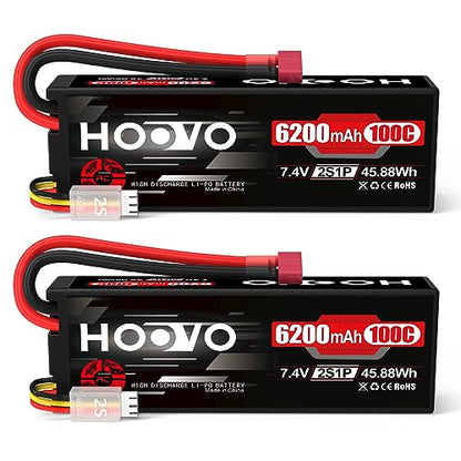HOOVO 2S Lipo Battery,7.4V 6200mAh 100C LiPo Battery RC Pack T Plug 2 Pack | Hard Case,compatible with RC Buggy Vehicles Car Boat Truck