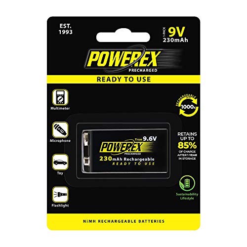 Powerex Low Self-Discharge Precharged 9V(9.6V) Rechargeable NiMH Batteries (MHR9VP), 1-pack - size: 1 Count (Pack of 1), style: 9V(9.6V)