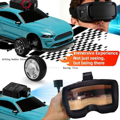 MG034 FPV Drift RC Car with Goggles & Camera for Thrilled Rxperience,20KM/H Remote Control Cars- Gyro,Drift/Racing Tires,Full Simulated Lighting System,4WD RC Car Toy for Adult (Blue, FPV Version) - color: Blue
