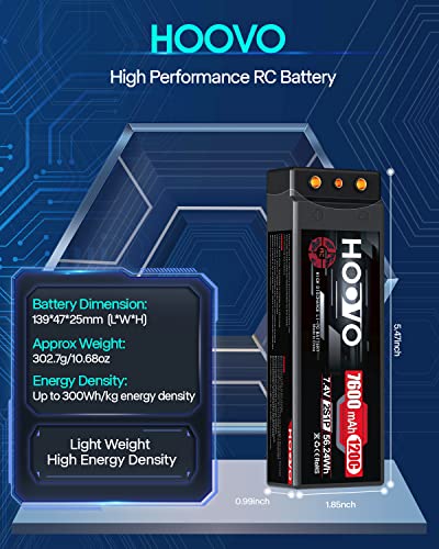 HOOVO 7600mAh 2S Lipo Battery 7.4V 120C RC Battery Hard Case 4mm Bullet with T Plug for RC Drag Car RC Truck Boat DJI Heli Airplane RC Models (2 Packs)