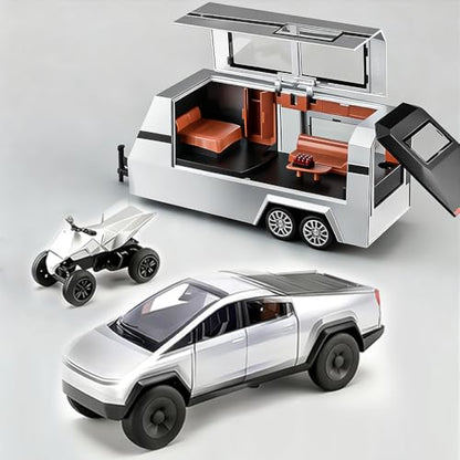Cyber Style Truck Alloy Diecast Toys with Metal Trailer and Motorcycle Pull Back Pickup Model with Sound and Light Effect Race Car for Kid Adult Age for 3 Year Old and Up - color: Silver With Trailer