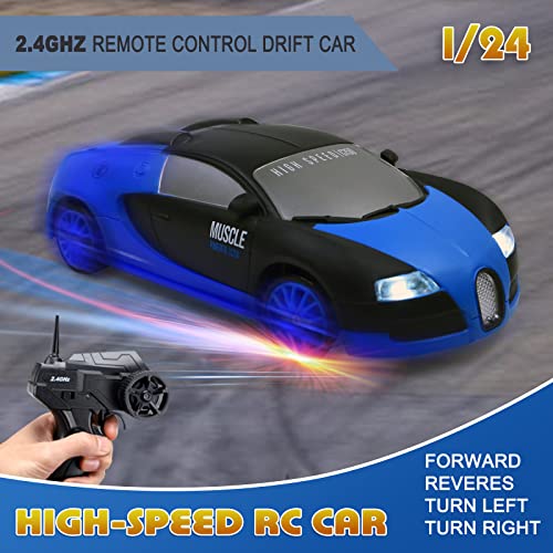 Remote Control Car RC Drift Car 2.4GHz 1:24 Scale 4WD High Speed RC Cars Vehicle with LED Lights Drifting Tires Racing Sport Toy Cars for Adults Boys Girls Kids Gift - color: Blue