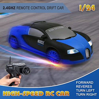 Remote Control Car RC Drift Car 2.4GHz 1:24 Scale 4WD High Speed RC Cars Vehicle with LED Lights Drifting Tires Racing Sport Toy Cars for Adults Boys Girls Kids Gift - color: Blue