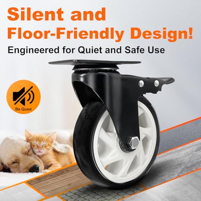 5 Inch Plate Caster Set of 4, Heavy Duty PU Swivel Wheel with Dual Brakes | Smooth 360° rotation,dual locking brake,silent PU wheels - color: Black, size: 5 IN