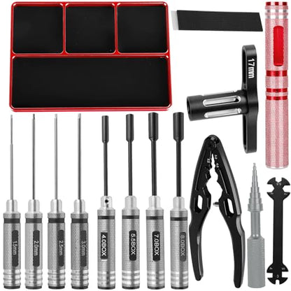 RC Tool Kit 1.5/2.0/2.5/3.0mm Hex,4.0/5.5/7.0/8.0mm Nut Driver,17mm Wheel Hex,Shock Plier,Bearing Tool,Screwdriver Set for 1/10 Trx4 Slash 4X4 BL-2S SCX10 III,SENTON L0S1 1/8,1/6 Trx6,Red - color: Red(1set)