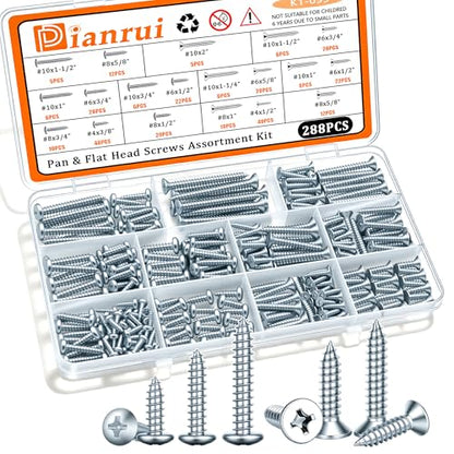 Dianrui 288 PCS Wood Screws Assortment Kit, Assorted Sheet Metal Screws #4/#6/#8/#10, ‌Phillips Drive Pan & Flat Head Screw Set Marine Grade Length 3/8" to 2" - size: 288PCS-SV