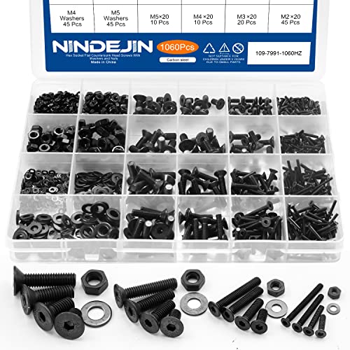 NINDEJIN Hex Socket Flat Head Screw M2 M3 M4 M5 Bolts Nuts and Washer Assortment Kit, 1060 PCS Metric Screws with 4 PCS Allen Wrenches, Small Black Machine Screws Set, 12.9 Carbon Steel | Black Oxide, Carbon Steel Metric Screws, Bolts Nuts, 4 pcs Hex Keys