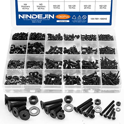 NINDEJIN Hex Socket Flat Head Screw M2 M3 M4 M5 Bolts Nuts and Washer Assortment Kit, 1060 PCS Metric Screws with 4 PCS Allen Wrenches, Small Black Machine Screws Set, 12.9 Carbon Steel | Black Oxide, Carbon Steel Metric Screws, Bolts Nuts, 4 pcs Hex Keys