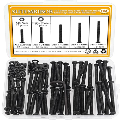 105 Pieces M5 x 30/35/40/45/50mm Button Head Socket Cap Screws Nuts Washers Set Black, Sutemribor M5 Long Screws, M5 Black Screws Nuts Washers Assortment Kit, 10.9 Grade Alloy Steel, Fully Threaded - size: M5 x 30-50mm, style: Button Head