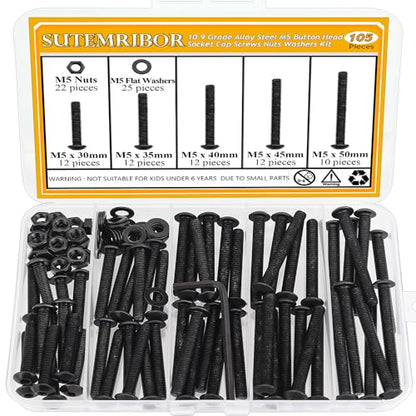 105 Pieces M5 x 30/35/40/45/50mm Button Head Socket Cap Screws Nuts Washers Set Black, Sutemribor M5 Long Screws, M5 Black Screws Nuts Washers Assortment Kit, 10.9 Grade Alloy Steel, Fully Threaded - size: M5 x 30-50mm, style: Button Head