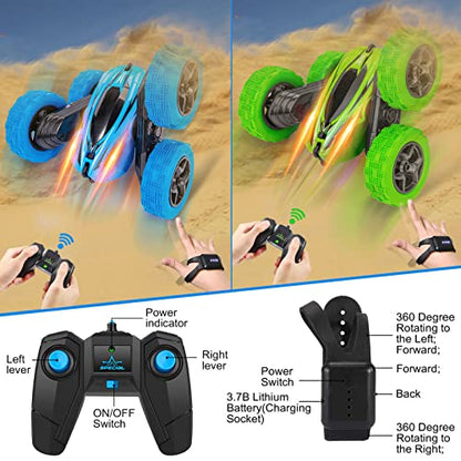 2PACK RC Stunt Car Watch Gesture Sensor Car 4WD Double Sided 360 Degree Rotating Tumbling Rechargeable Car High Speed 2.4GHZ Off Road Hobby RC Toy Cars for Xmas Birthday Gift Adults,Kids (Blue/Green) - style: Blue&Green