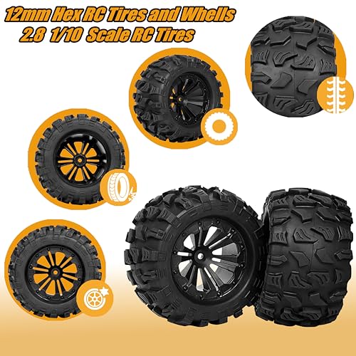 12mm Hex RC Wheels and Tires 1/10 Scale 2.8 RC Truck Tires Wheels for Traxxas Rustler Stampede Hoss 2wd 4x4 vxl Tires Wheels Arrma Tires Wheels Redcat Volcano Tires Preglued