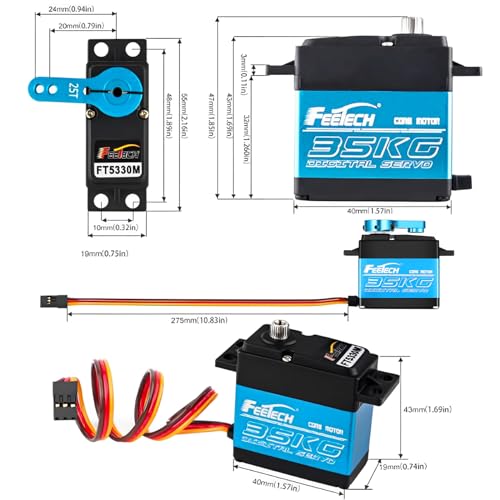 Feetech FT5330M 35KG Digital RC Core Servo Motor Waterproof Metal Gear 25T Servo Arm Horn 180 Degree 6V-7.4V for Metal Gear 1/8 1/10 Baja Car（Pack of 2）