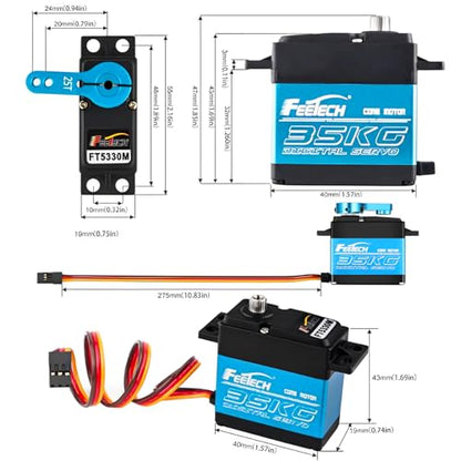 Feetech FT5330M 35KG Digital RC Core Servo Motor Waterproof Metal Gear 25T Servo Arm Horn 180 Degree 6V-7.4V for Metal Gear 1/8 1/10 Baja Car（Pack of 2）