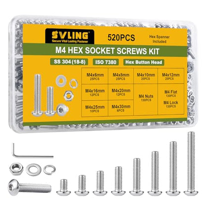 520PCS M4 Bolt Assortment Kit, Hex Socket Button Head Screws Nuts Bolts Washer Assortment Kit 304 Stainless Steel M4 x 6/8/10/12/16/20/25mm - size: M4 520PCS Button SS