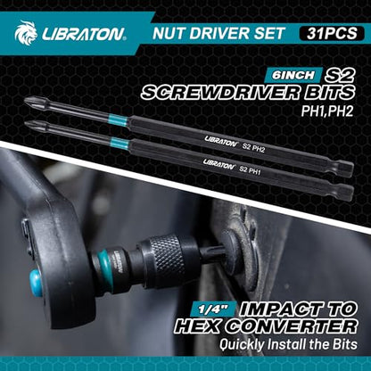 LIBRATON 31PCS Magnetic Nut Driver Set, 1/4" Impact Drill Driver Bit Set | Long Nut Drivers 6INCH, Metric & SAE Nut Drivers for Impact Drill, Socket Set, Impact to Hex Converter, PH1, PH2, Storage Box - style: 31PCS