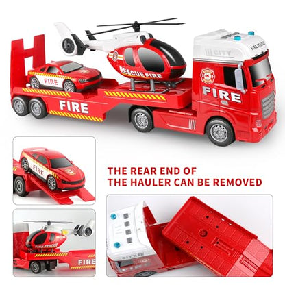 Dwi Dowellin 25.6" Semi Truck Toy with Racing Car and Helicopter for Kids Toddlers - Fire Toys,Birthday Gifts for Boy Toddler Child 2 3 4 5 6 Years Old - style: Fire Truck
