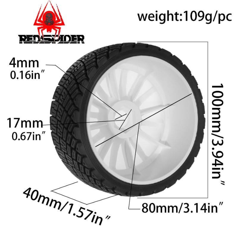 OD:100MM 1/8 General Purpose RC Rally Car Tires On Road Tyres Reinforced Plastic Rims High Speed Tires 17mm HEX for 1/7 1/8 Scale Racing KM WRC C3 Redcat ARRMA HPI VRX WR8 HSP Hobao Kyosho GT2 W213