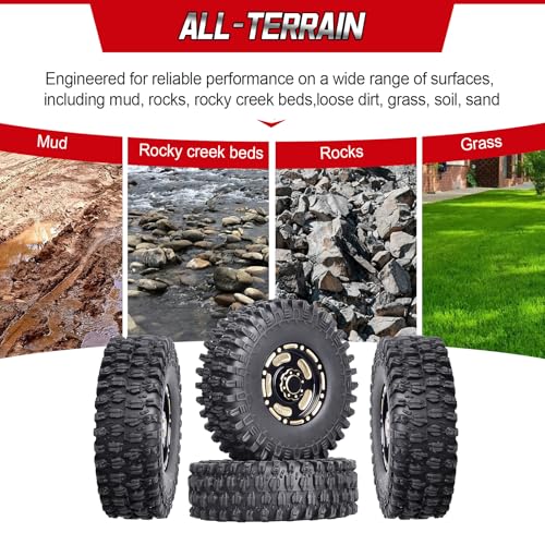 HobbyPark Brass 1.0 Beadlock Wheels & Tires for 1/18 TRX4M Upgrades Parts 1/18 SCX24 1/24 RC Crawler Replacement, Set of 4 (Type A) - style: Type A