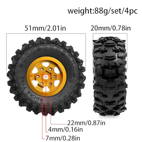 1.0"RC Aluminum Beadlock Wheel and Crawler Tires set OD 51mm (w/Foam Inserts Fit) 7mm Hex for 1/18 1/24 RC Crawler car Axial 90081 AX24 FCX24M FMS SCX24 R310