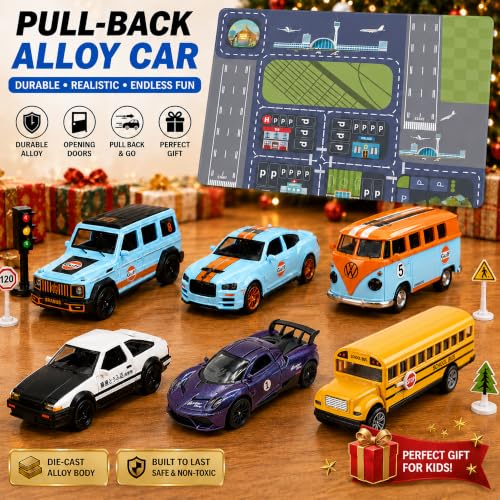 1:32 Alloy Pull Back Truck Toys for Kids, 6 Pack Die Cast Car Set with Road Map, Traffic Signs & Light, Toy Vehicle Playset, Birthday for Boys Girls Ages 3-8 - size: Alloy car 6-piece setpiece set