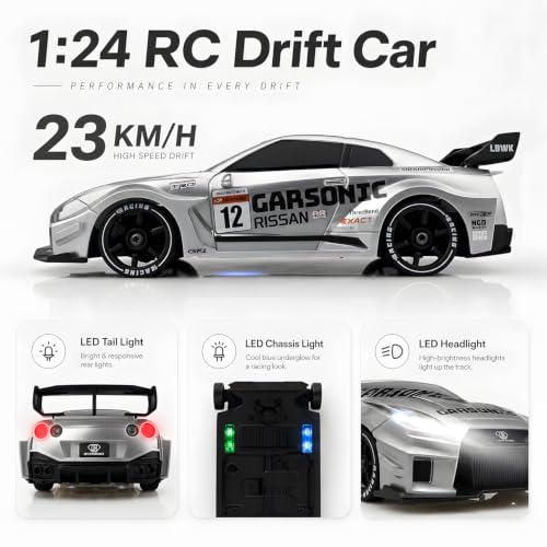 RC Drift Car, 1:24 Scale Remote Control Vehicle with LED Lights,Drifting Tires＆Two Batteries, Racing Sports Toy Idea Gift for Adults Boys Girls and Kids - color: Silver