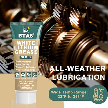 BTAS White Lithium Grease for Car Door,Bearings & Gears Lubricant Grease,Garage Door Tracks Hinges and Sliding Mechanisms, Highly Versatile for Automotive, Marine, Industrial and Home use NLGI 2 1 oz - size: 1 oz
