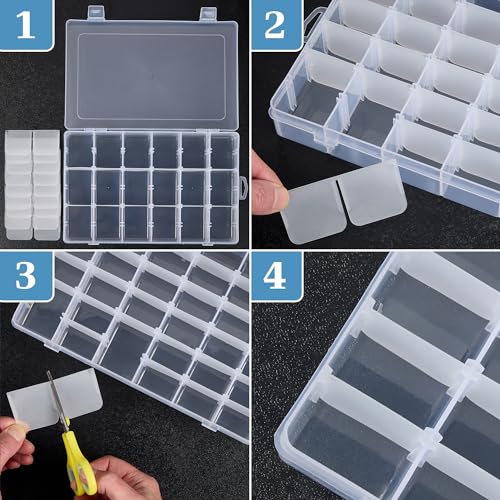 36 Grid Clear Plastic Organizer - Pack of 2- Bead Storage, Craft Organizer, DIY Small Parts Organizer, Jewelry Box, Fishing Tackle Box, Sewing, Nail Storage w/ Adjustable Dividers & 5 Sticker Labels
