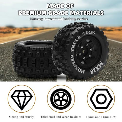 MX28 F/R 2.8" RC Car Tires with 12mm/14mm Hex Adapter RC Wheels and Tires Set 1/10 Scale RC Truck Tires for Arrma Big Rock Granite Traxxas Rustler Stampede VORTEKS 3S 4PCS (Style B) - Black - color: Black