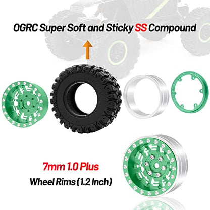 OGRC 1.3" Wheel and Tires 7mm Offset Beadlock Wheels for 1/24 1/18 RC Car | Aluminum, 7mm Hex, Soft and Sticky Tires, for TRX4M SCX24 RC Carwler Car, Green - color: Green