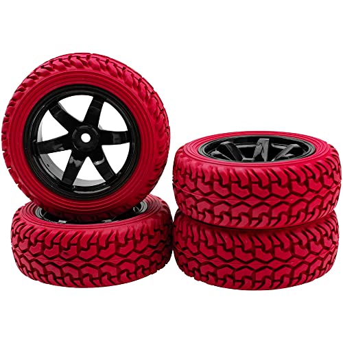 75mm/2.95'' Rubber Tires & Plastic Wheel Rims 12mm Hex Hub Compatible with Traxxas 4tec 2.0 HSP Tamiya HPI Kyosho 1/10 On-Road Touring Car, WLtoys 1/14 144001 RC Buggy (Red) - color: Red