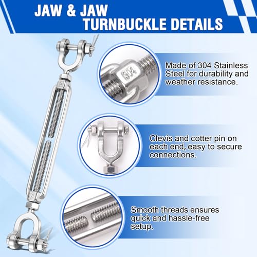 1/2"x9" Stainless Steel Turnbuckle Heavy Duty Cable Tensioner 1Pack | M12, Large, Jaw and Jaw, UNC Thread, with Locking Nut, for Cables Wire, Sun Shade, Zipline, Shade Sail Hardware, 3200lbs WLL - size: 1 PACK 1/2" Jaw and Jaw Turnbuckle