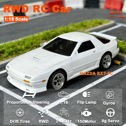 1:18 LDRC LD1802 RC Drift Car | Mazda RX7 Remote Control Car with Two Batteries,Metal Drive Shaft, Easy to Drift for Adults White RWD with Gyro - color: Mazda Rx7 Fc White