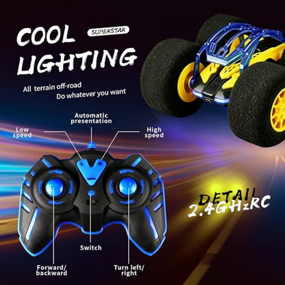 pinkking Indoor RC Car Stunt Remote Control Car Toys with Soft Wheels RC Cars for Kids with LED Headlight & Sponge Tires Crazy Stunts 360° Flips Double Sided Vehicle 2.4GHz RC for Boys Girls Gift - color: Yellow
