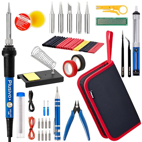 Soldering Iron Kit, 60W Soldering Iron Adjustable Temperature 25-in-1, 5 Solder Tips, Solder Wire, Desoldering Pump, Wire Cutter, Heatshrink Tubes Welding Kit for Electronics Repair Hobby 120V US Plug - color: Black/Red Soldering Iron Kit 3