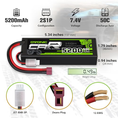 OVONIC 2s Lipo Battery 5200mAh 7.4V Lipo Battery with Dean-Style T Connector for Car Truck Boat Vehicles (2 Packs)