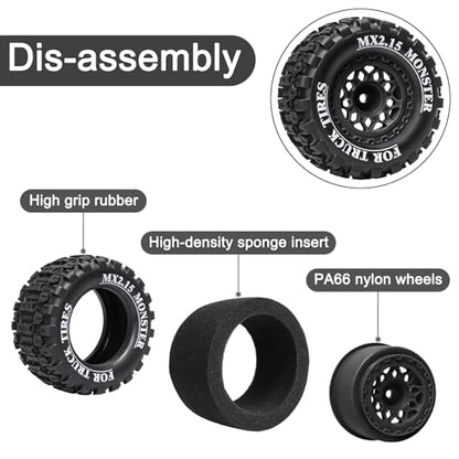 LRFHL 12mm Hex RC Wheel Tires 4PCS | for 1/16 Traxxas Mini Maxx 107154-1 Mini XRT VXL 108076-1 E-Revo Mini XRT MJX 16207 16210 HSP 94186 LOSI 1/18 Mini LMT - color: Black Tires+ Black Hex Wheel-1