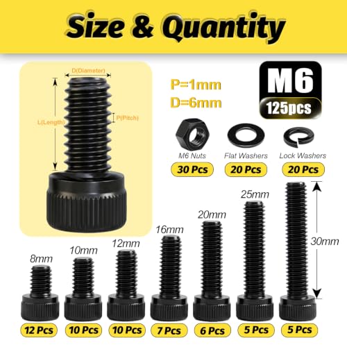 Kadrick M6 Screws Kit 125PCS, Optimized Socket Head Cap Screws Assortment with Higher Screw Ratio, Class 12.9 Alloy Steel, Black Zinc Plated M6 Bolts Nuts & Washers for Mechanical, Repair & DIY Use - size: M6 125Pcs New
